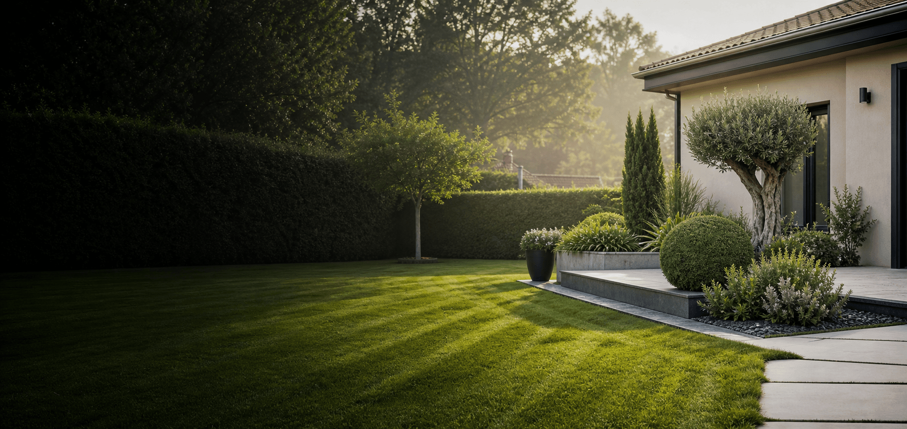 Pelouse tondue et haies entretenues
