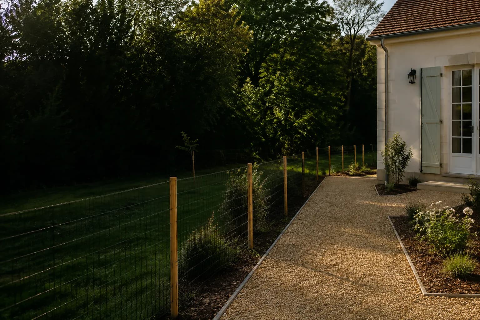 Allée en gravier nivelée et clôture en grillage aménagées près d’une maison dans la Nièvre