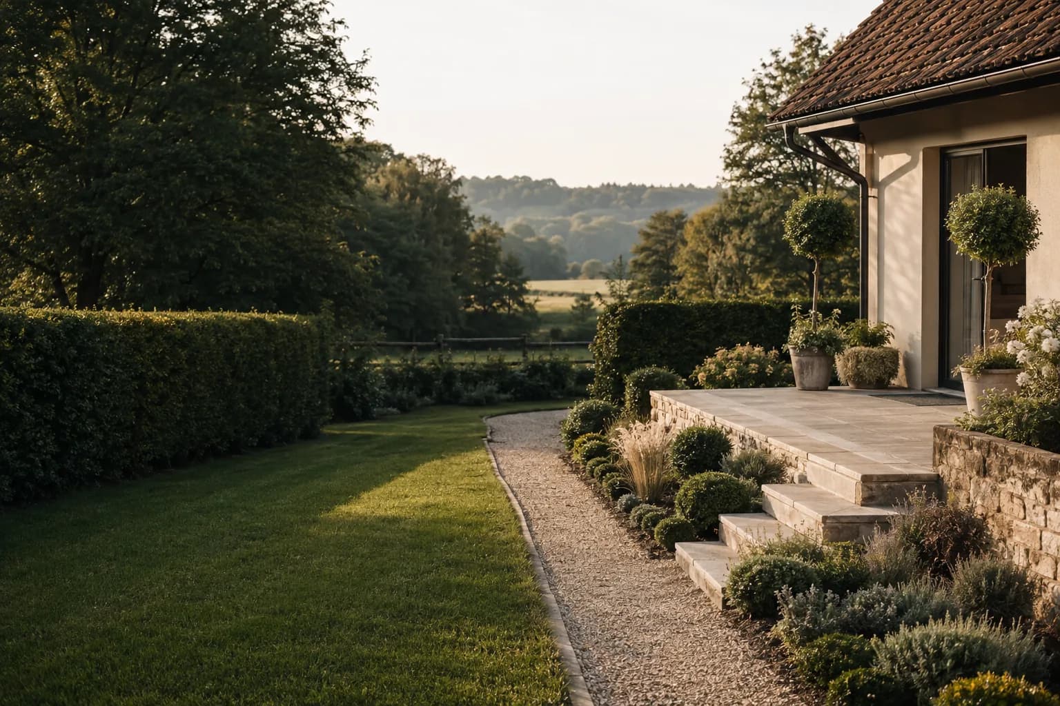 Jardin entretenu, allée en gravier et terrasse aménagée près d’Annay