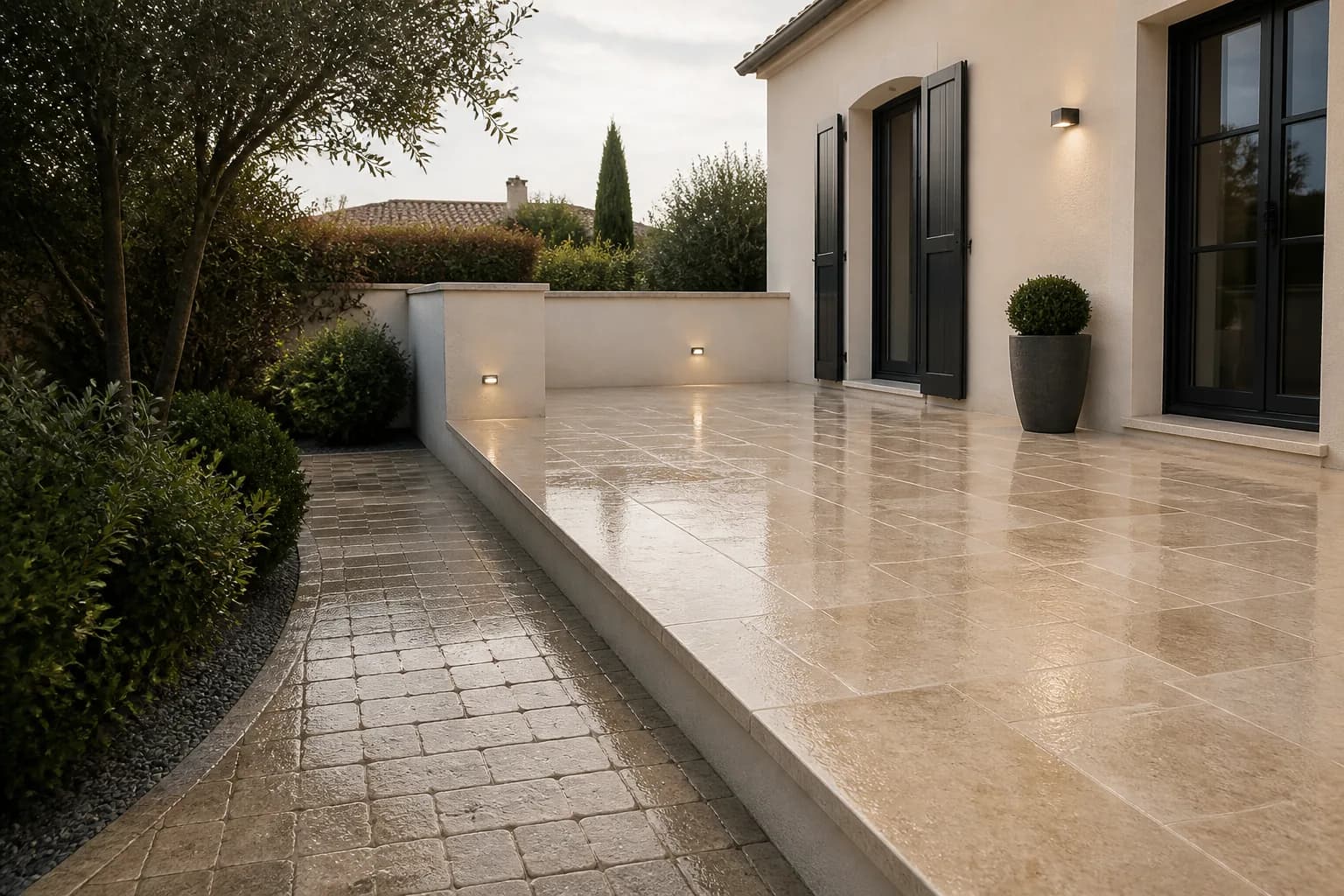 Terrasse en pierre et mur extérieur soigneusement nettoyés à Annay